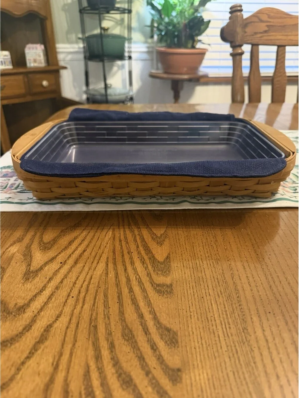 Longaberger 2004 Woven Wood Rectangle Storage Basket Blue Liner Protector